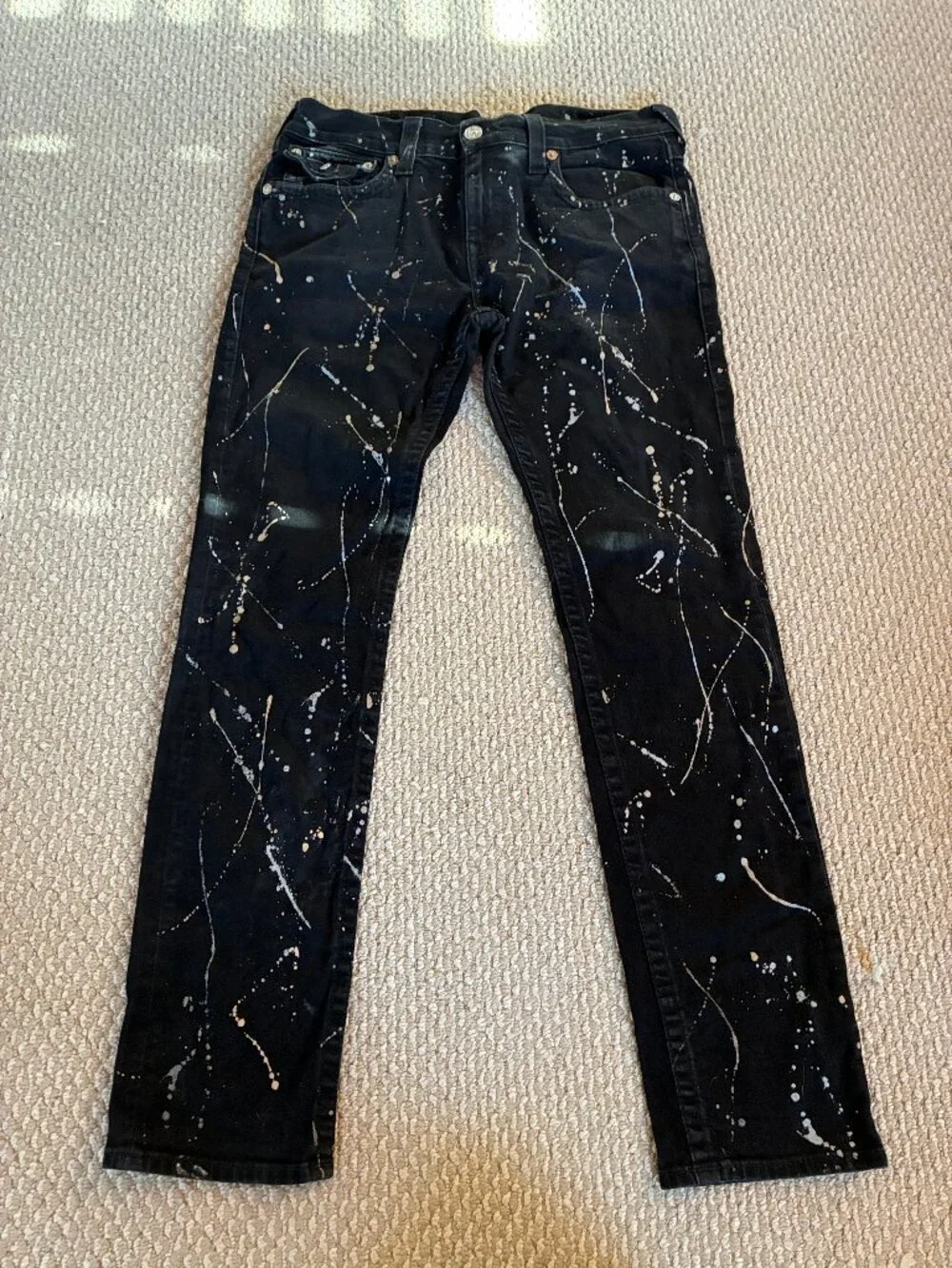 True Religion Jeans Mens 33 Black Skinny Flap Paint Splatter Stretch Denim